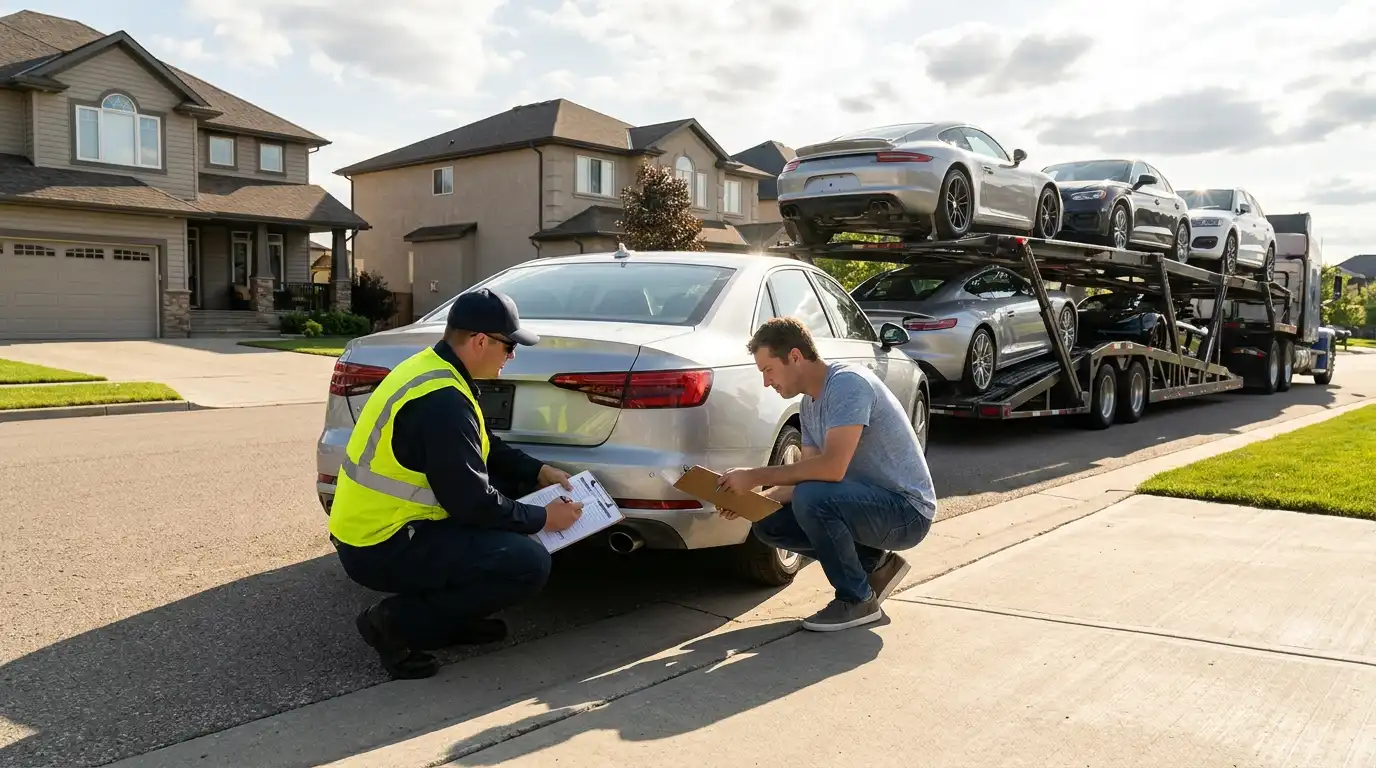 Car Shipping Preparation Checklist: 15 Steps to Get Your Vehicle Ready for Transport 1 Driver inspecting a clean sedan before loading onto an auto transport trailer