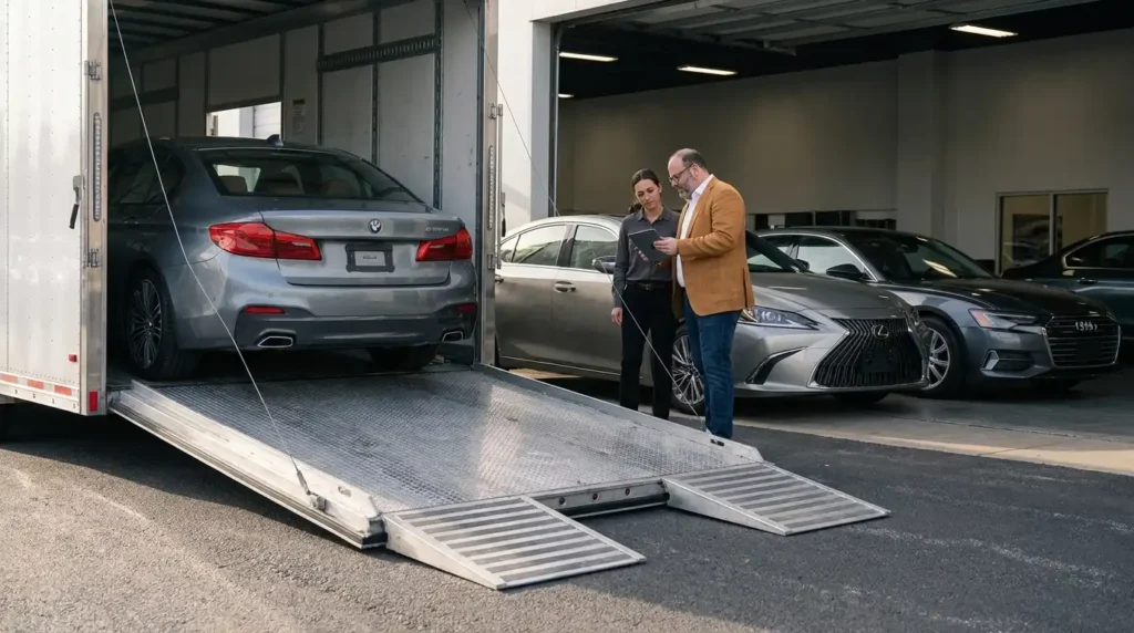 Vehicle loading into an enclosed trailer while two people review a tablet.