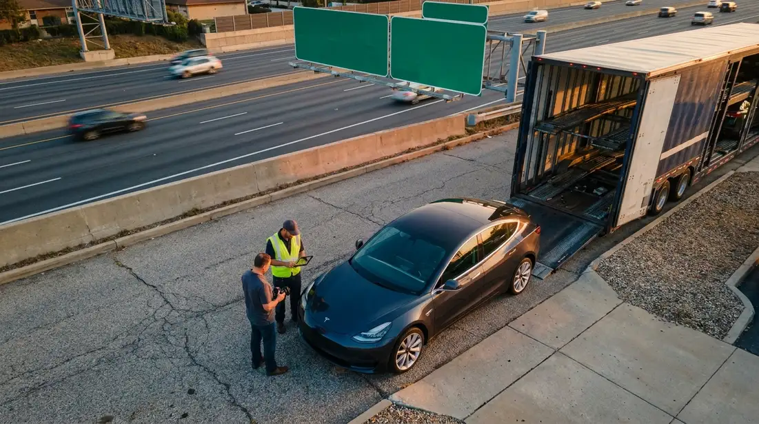 Driver and customer inspecting a sedan before loading onto an auto transport trailer